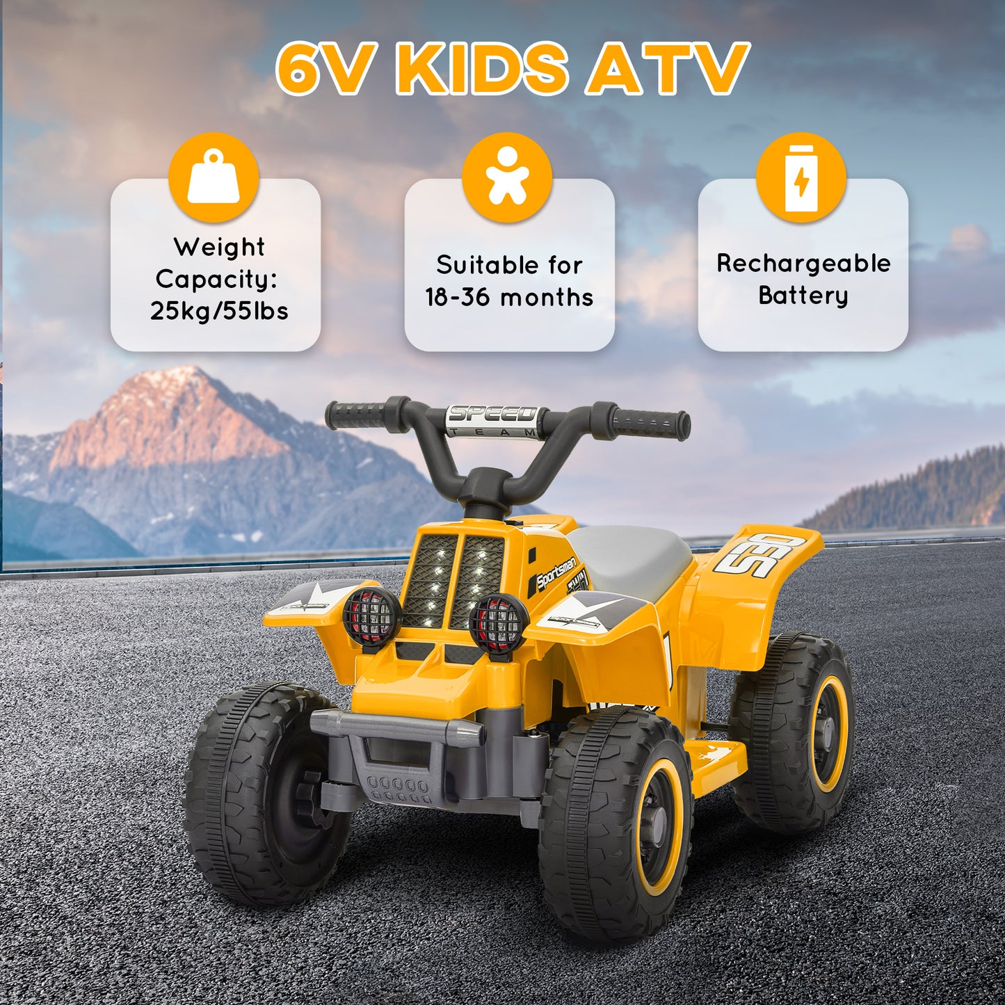 6V Electric Quad Bike for Kids, Ride On ATV w/ Forward/Reverse, Headlights, for Ages 18-36 Months, Yellow