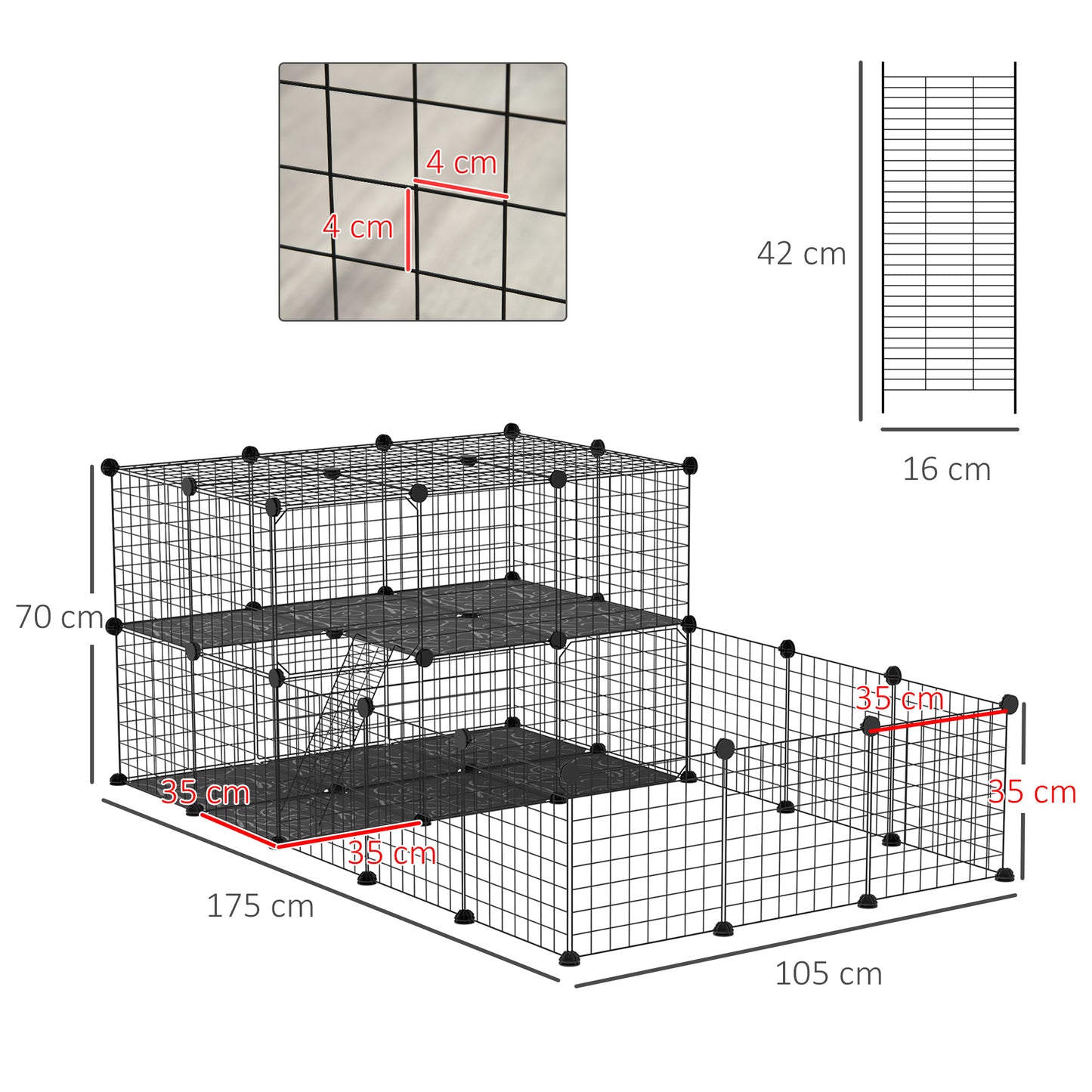 Pet Playpen with Door, Guinea Pigs Metal Mesh Cage for Small Animal, Chinchilla, 175 x 105 x 70 CM, Black