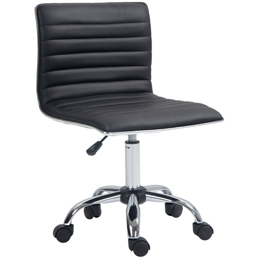 Armless Task Desk Chair, Swivel Office Chair with Faux Leather, Adjustable Seat Height, Chrome Base, Wheels for Home, Black