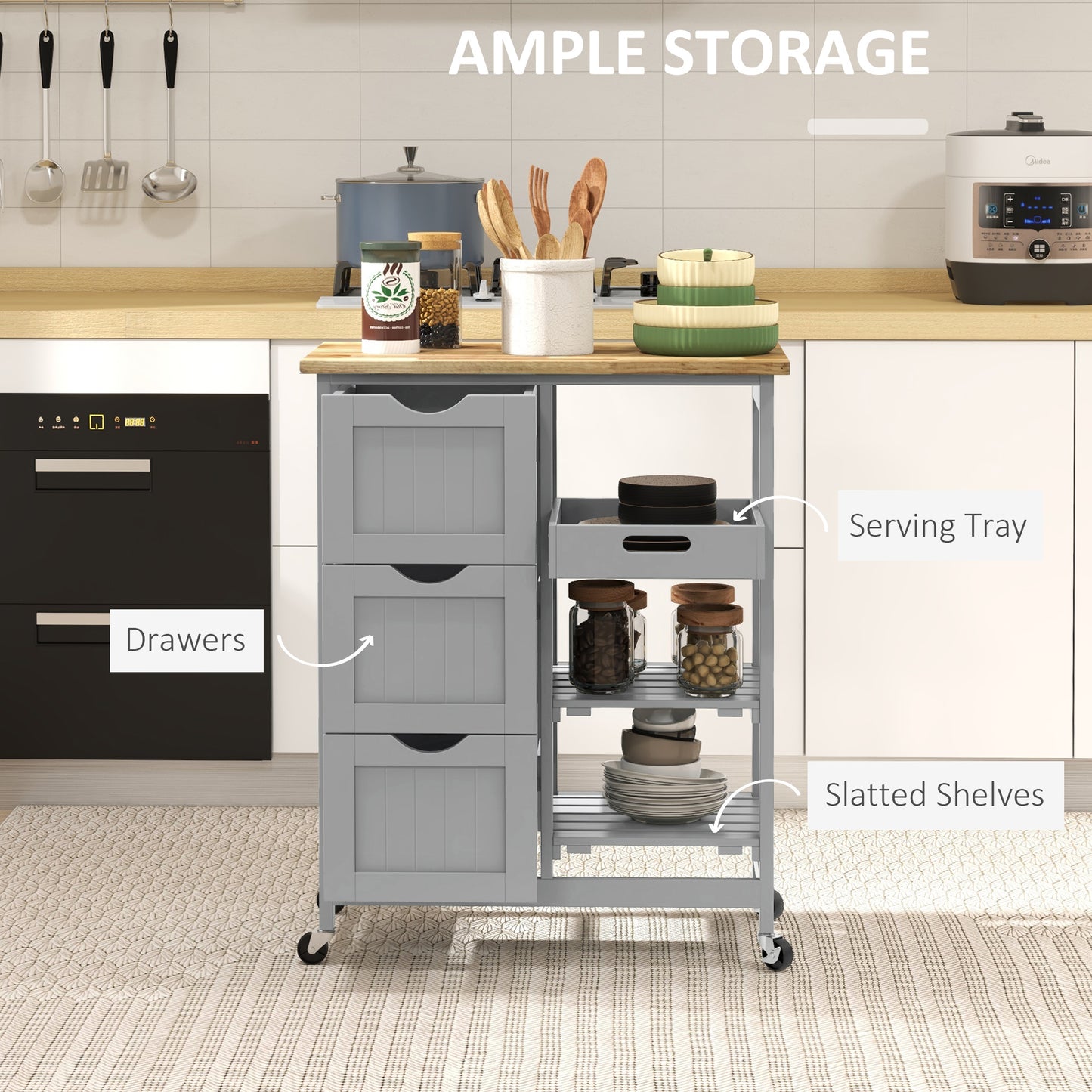 Rolling Kitchen Island Cart, Bar Serving Cart, Compact Trolley on Wheels with Wood Top, Shelves & Drawers, Grey