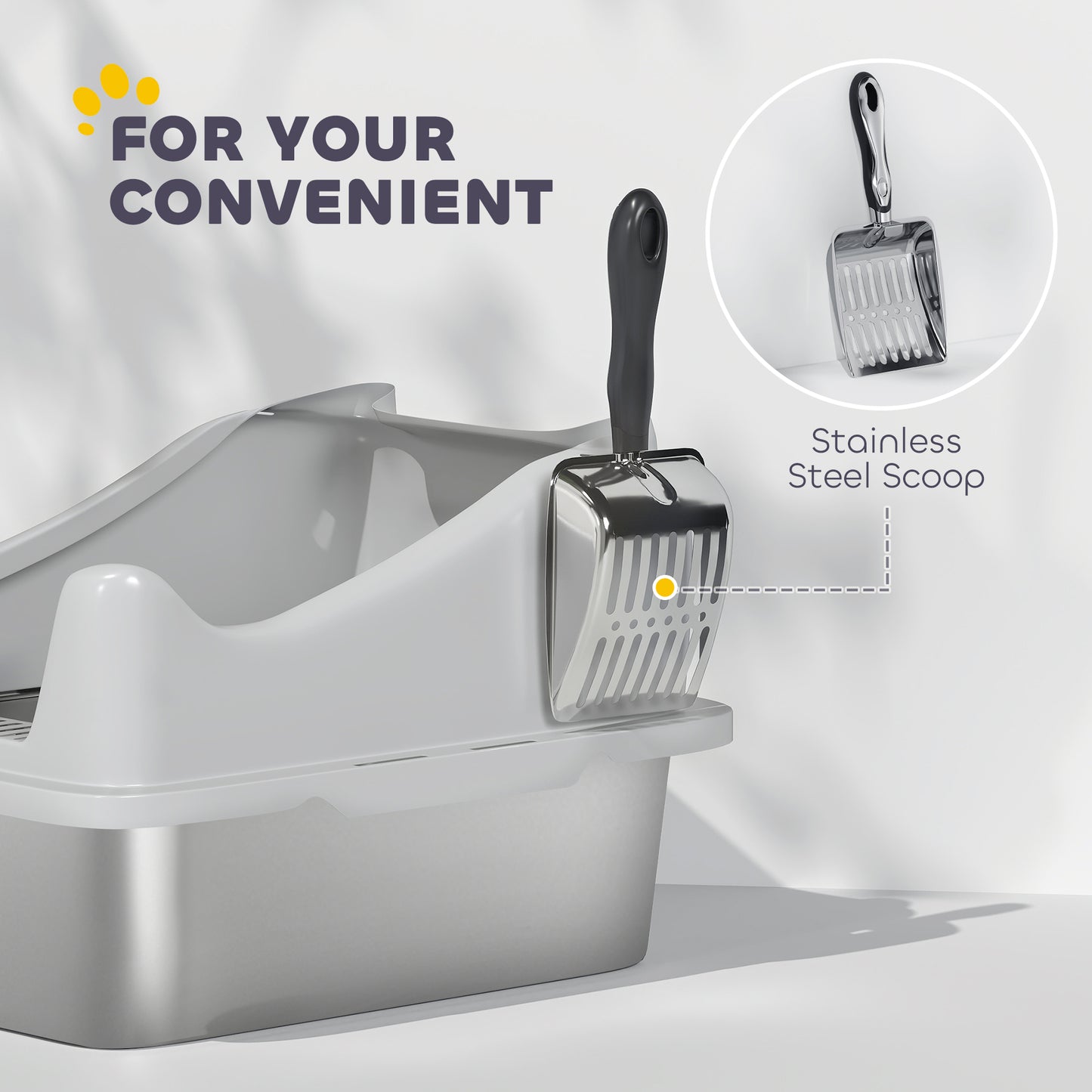 Stainless Steel Cat Litter Box with High Sides, Metal Scoop, 43 x 33 x 25 cm