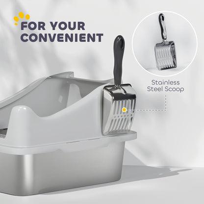 Stainless Steel Cat Litter Box with High Sides, Metal Scoop, 43 x 33 x 25 cm