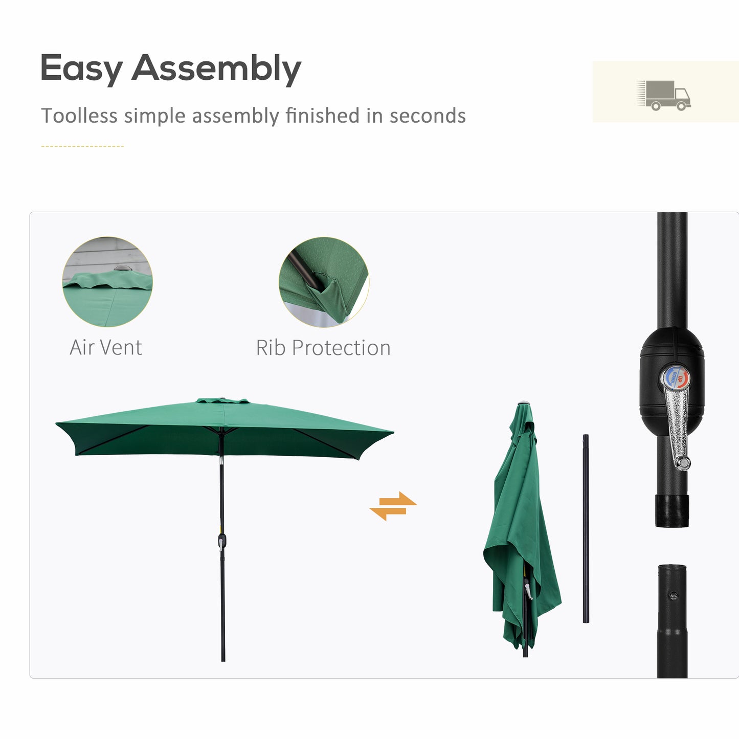 3x2m Garden Parasol Umbrella with Aluminium Pole, Tilt and Crank, Rectangular Outdoor Table Parasol Sun Shade for Patio