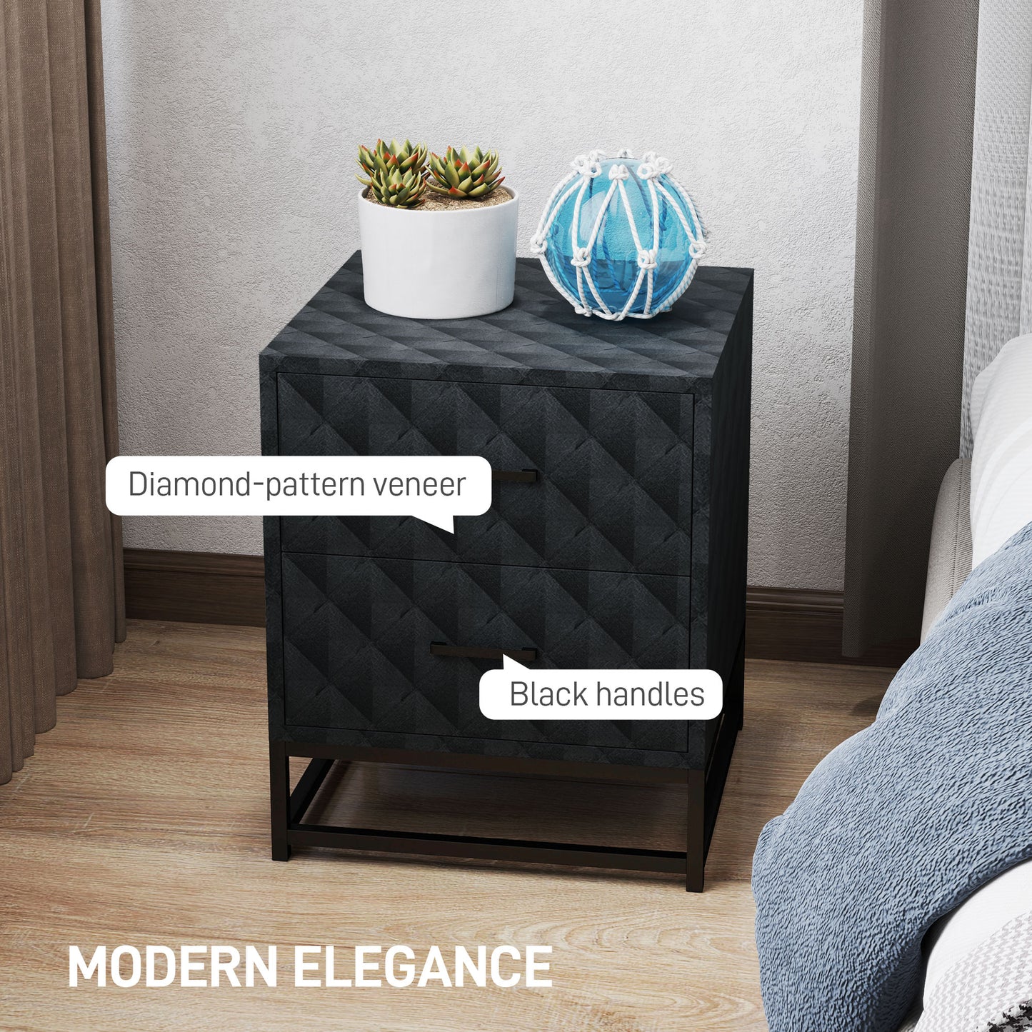 Bedside Tables Set of 2, Modern Bedside Table Nightstand with 2 Drawers, Bedside Cabinet Sofa Side Table with Storage