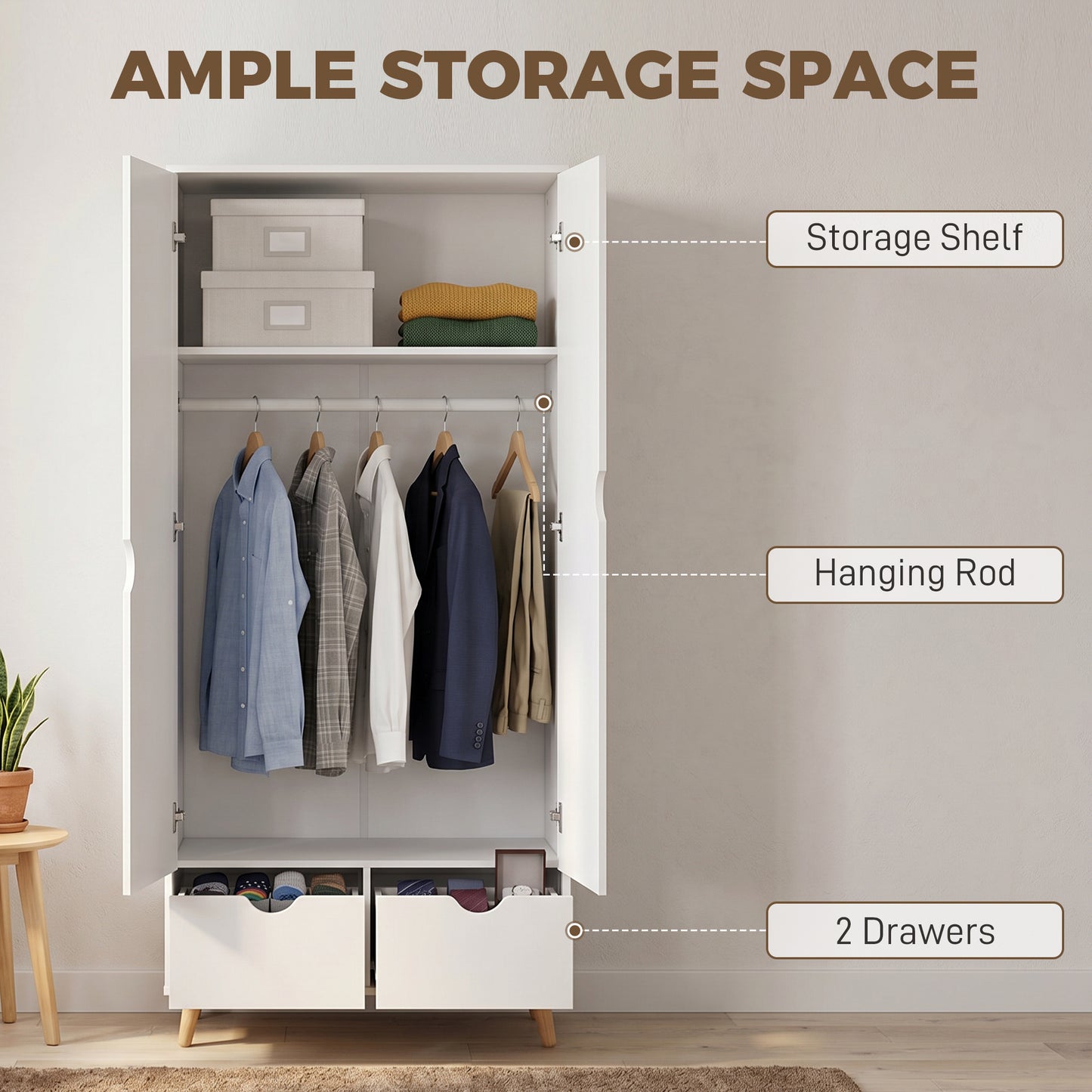 Elegant Home Storage Organisation Furniture, 2-Door Clothes Wardrobe with 2 Drawers, Wood Feet, White