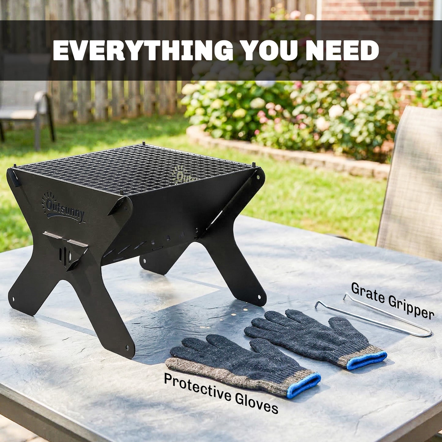 2-In-1 Portable BBQ Grill and Camping Fire Pit, Tabletop Charcoal Barbecue Grill with Gripper, Gloves and Carry Bag