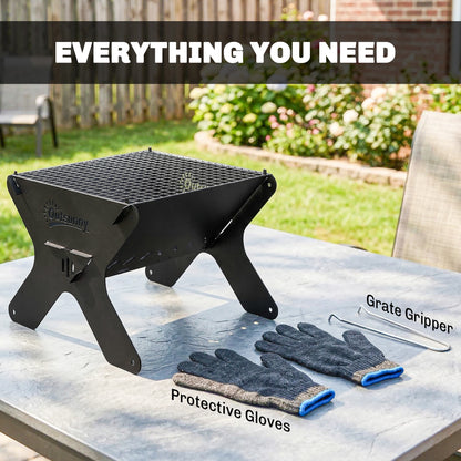 2-In-1 Portable BBQ Grill and Camping Fire Pit, Tabletop Charcoal Barbecue Grill with Gripper, Gloves and Carry Bag
