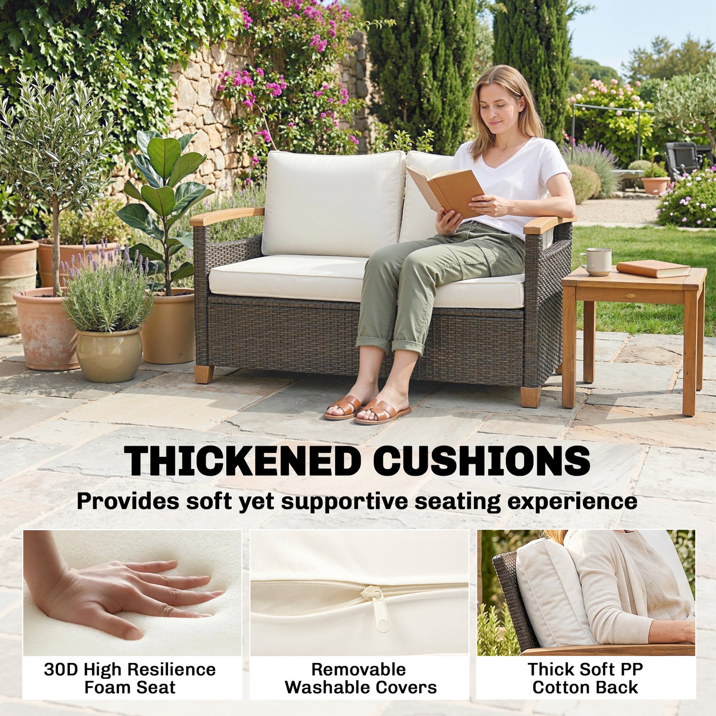 2 Seater Rattan Garden Sofa, Outdoor Sofa with Thickened Cushions and Acacia Wood Armrests, Brown