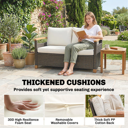 2 Seater Rattan Garden Sofa, Outdoor Sofa with Thickened Cushions and Acacia Wood Armrests, Brown