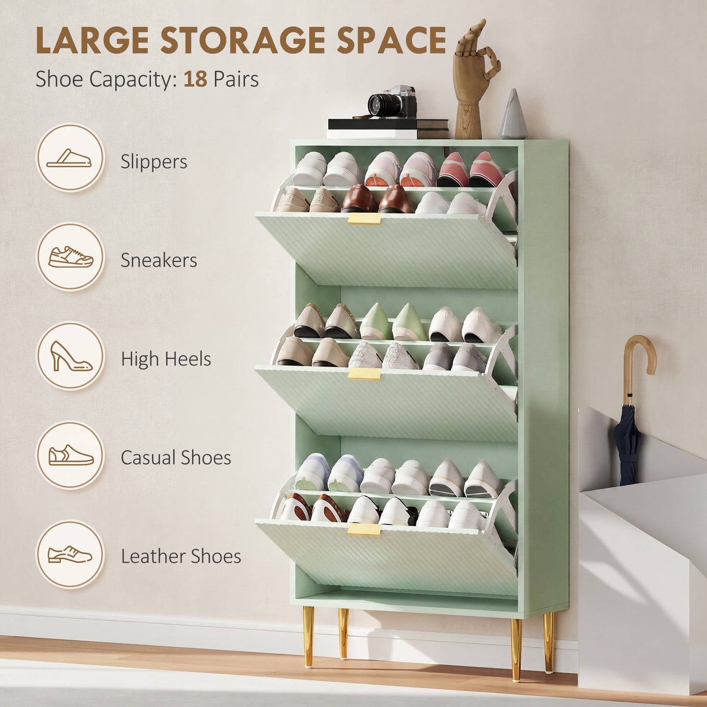 Elegant Three-Drawer Shoe Cabinet - Light Green