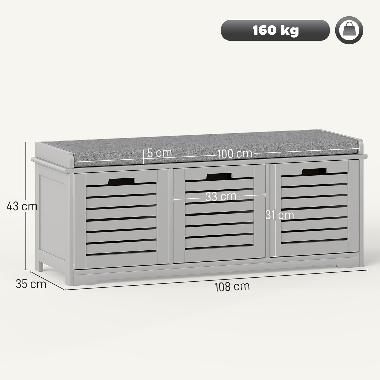 3-Drawer Shoe Storage Bench - Grey