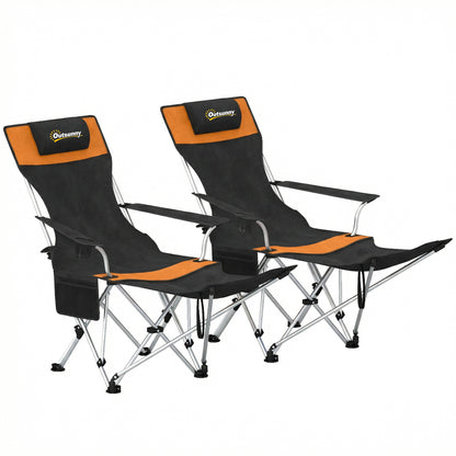 Set of 2 Reclining Folding Camping Chair w/ Detachable Footrest, Storage Bag, Cup Holder & Headrest