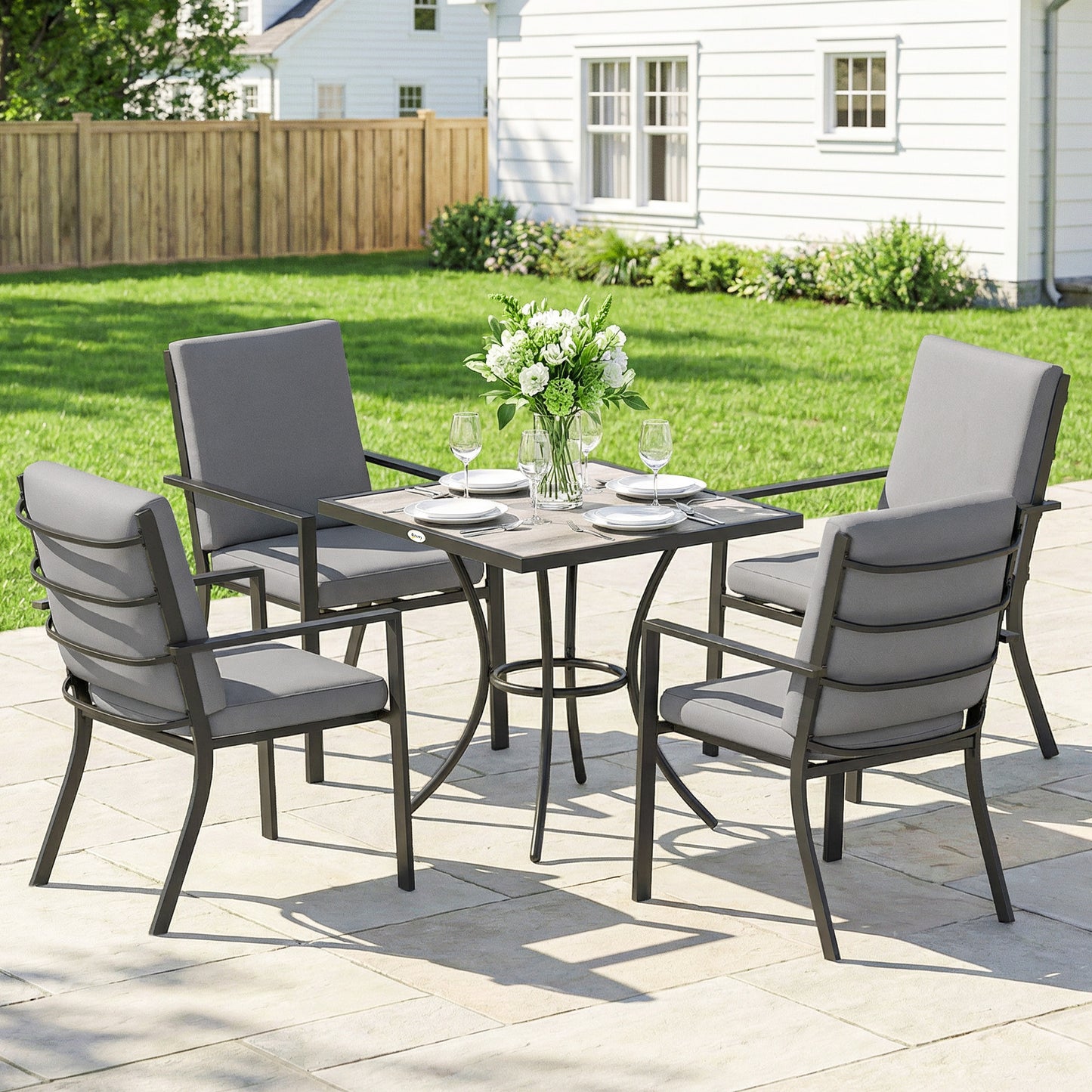 5 Pieces Outdoor Dining Set with Thick Cushions, Garden Dining Set for 4 with Stackable Chairs, Grey
