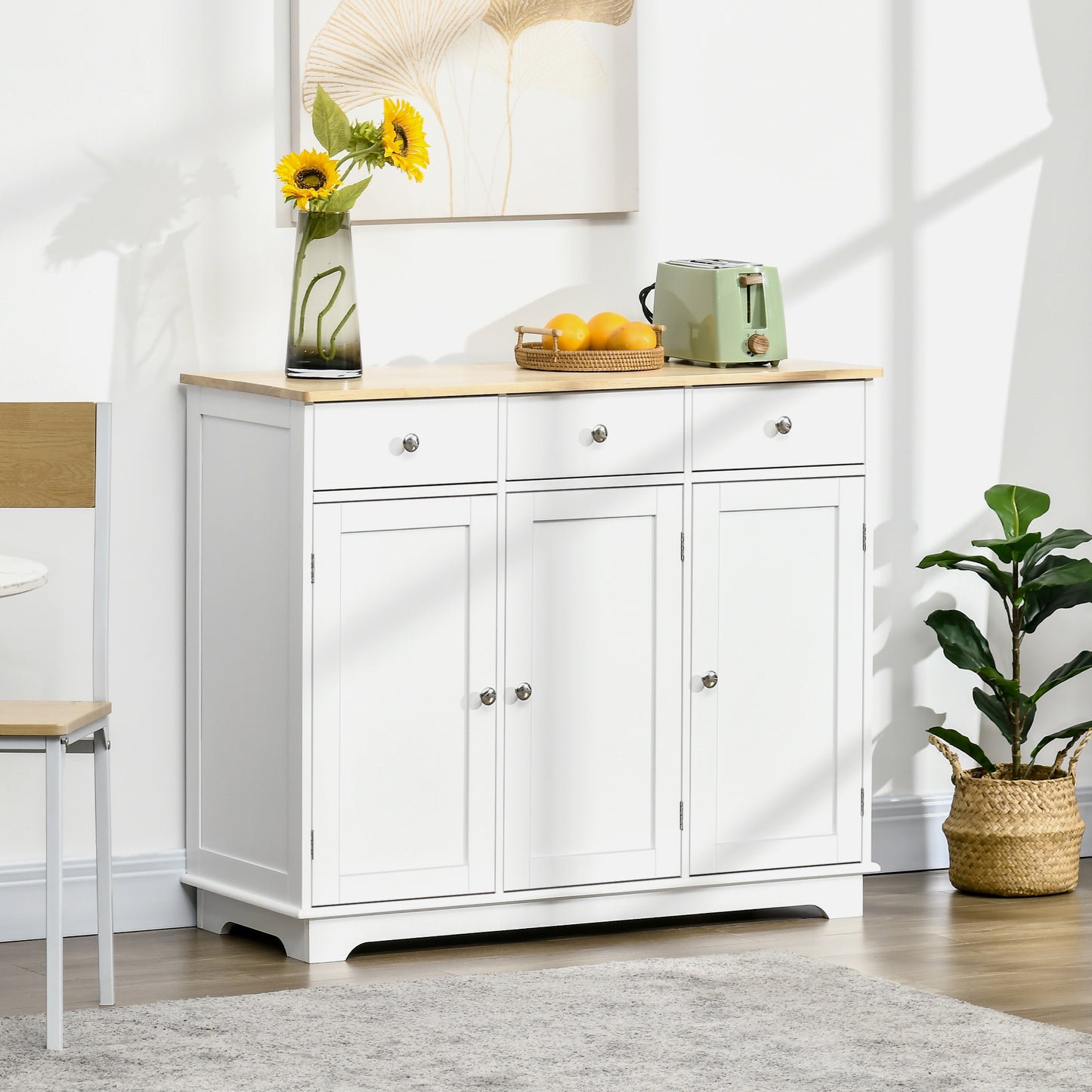 Sideboard with Rubber Wood Top, Modern Storage Cabinet with 3 Adjustable Shelves, White