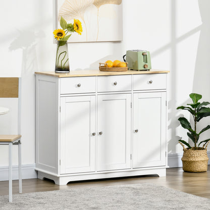 Sideboard with Rubber Wood Top, Modern Storage Cabinet with 3 Adjustable Shelves, White