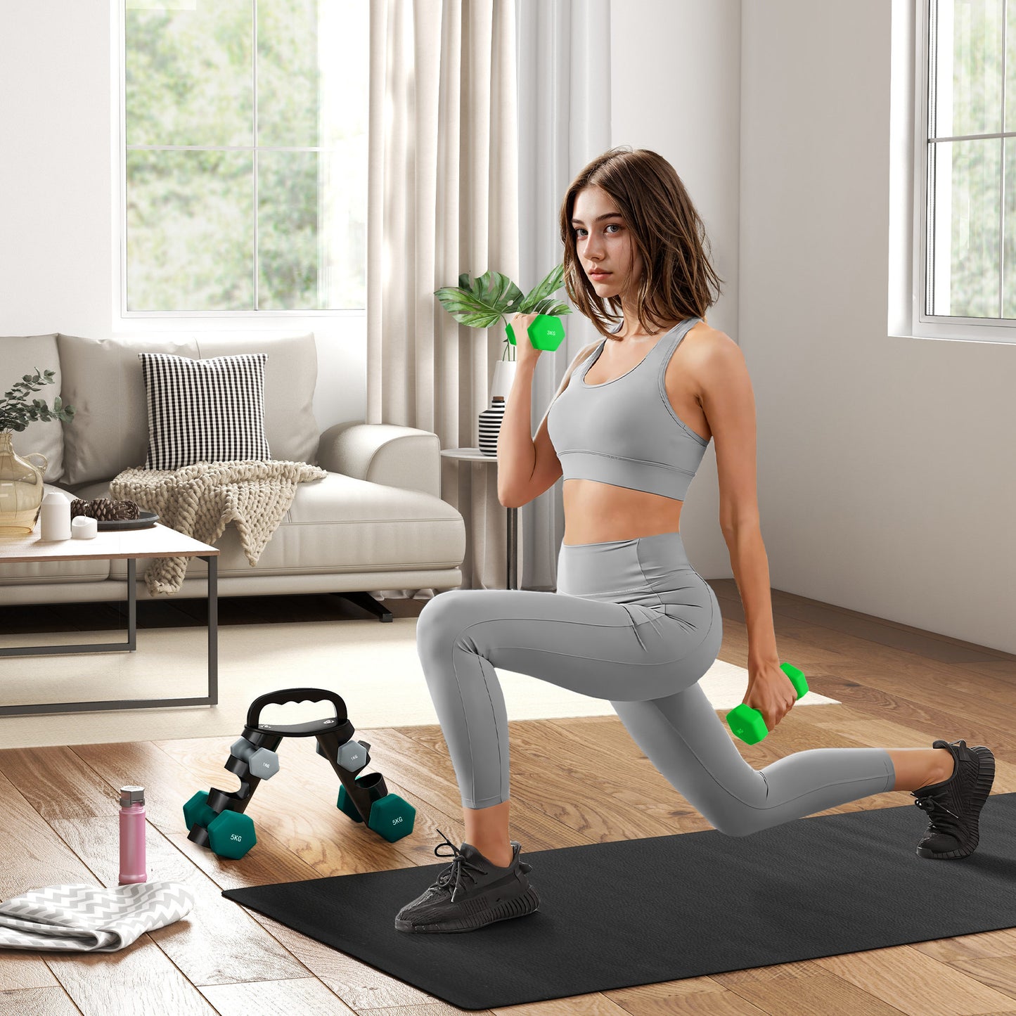 Dumbbells Set with Storage Rack, 2 x 1kg, 2 x 3kg, 2 x 5kg, Grey