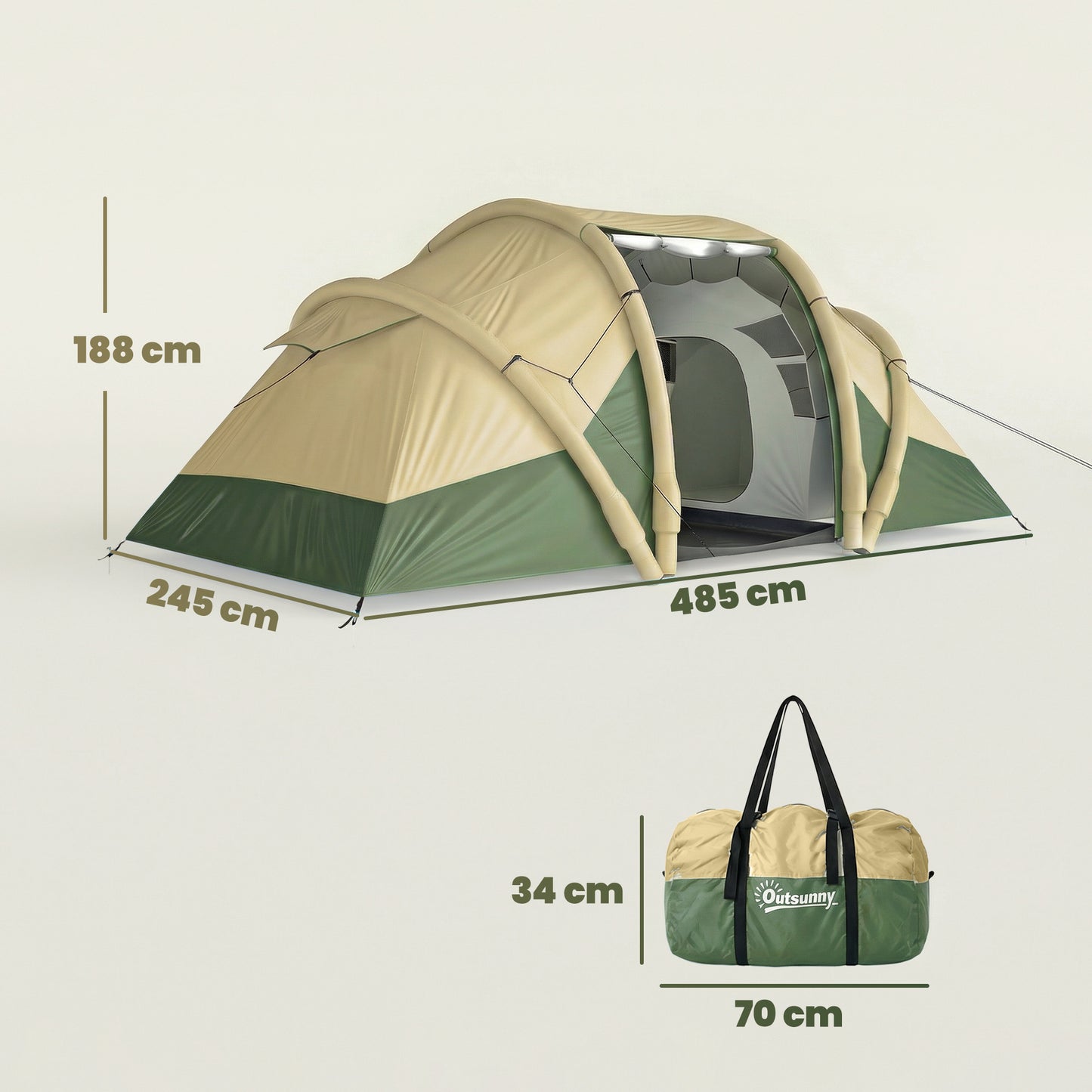 Inflatable Tent 2 Bedroom Tunnel Design Windproof Air Tent with Carry Bag for 4 Person