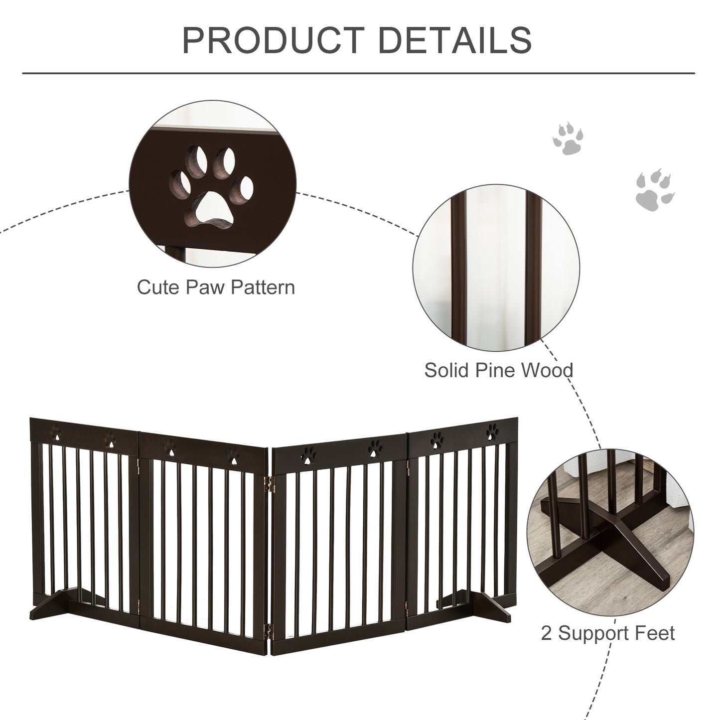 Freestanding Pet Gate 4 Panel Wooden Dog Barrier Folding Safety Fence with Support Feet up to 204cm Long 61cm Tall for Doorwa