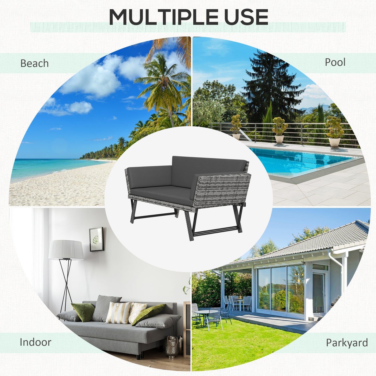 2 Seater Rattan Sofa with Cushions, 2-in-1 PE Rattan Daybed Sofa with Left Up or Down Armrests