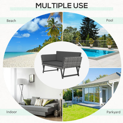 2 Seater Rattan Sofa with Cushions, 2-in-1 PE Rattan Daybed Sofa with Left Up or Down Armrests