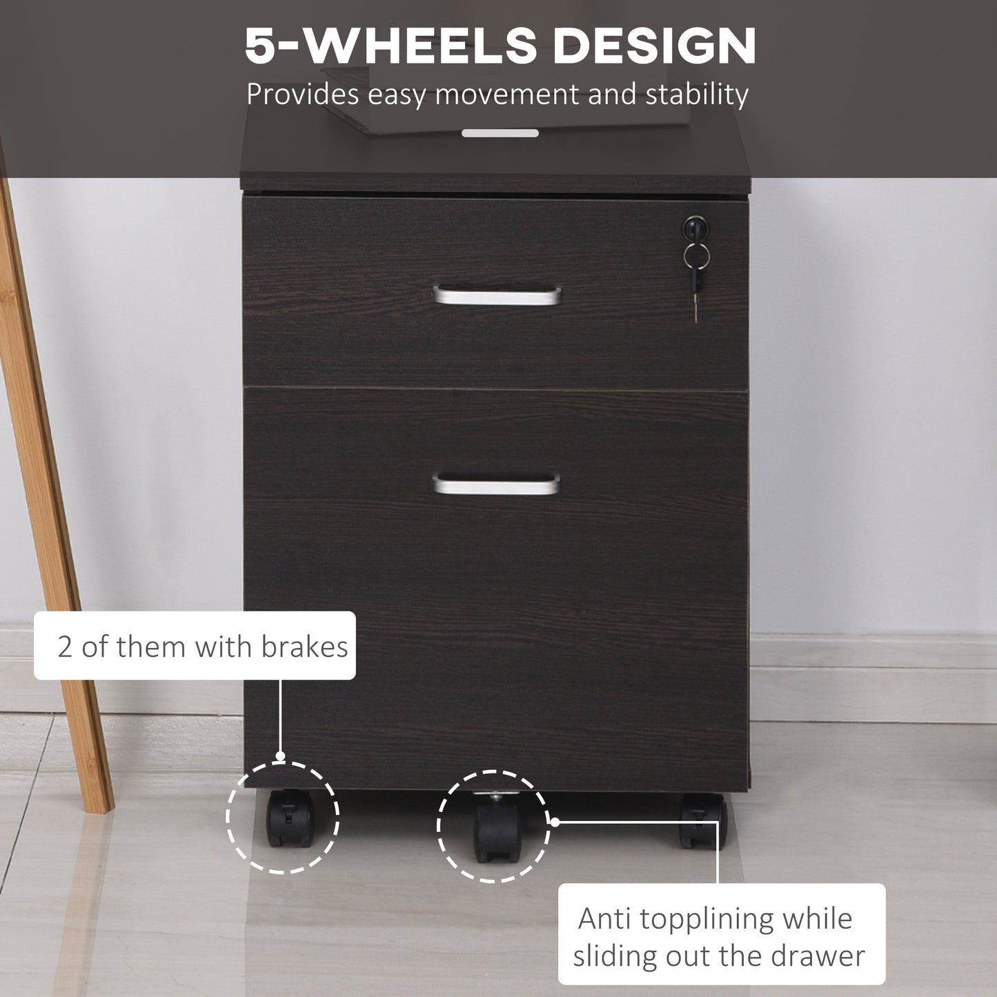 2-Drawer Locking Office Filing Cabinet w/ 5 Wheels Rolling Storage Hanging A4 Cupboard Home Organisation Black Wood Grain