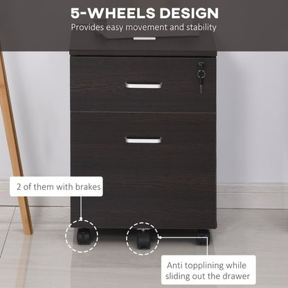 2-Drawer Locking Office Filing Cabinet w/ 5 Wheels Rolling Storage Hanging A4 Cupboard Home Organisation Black Wood Grain