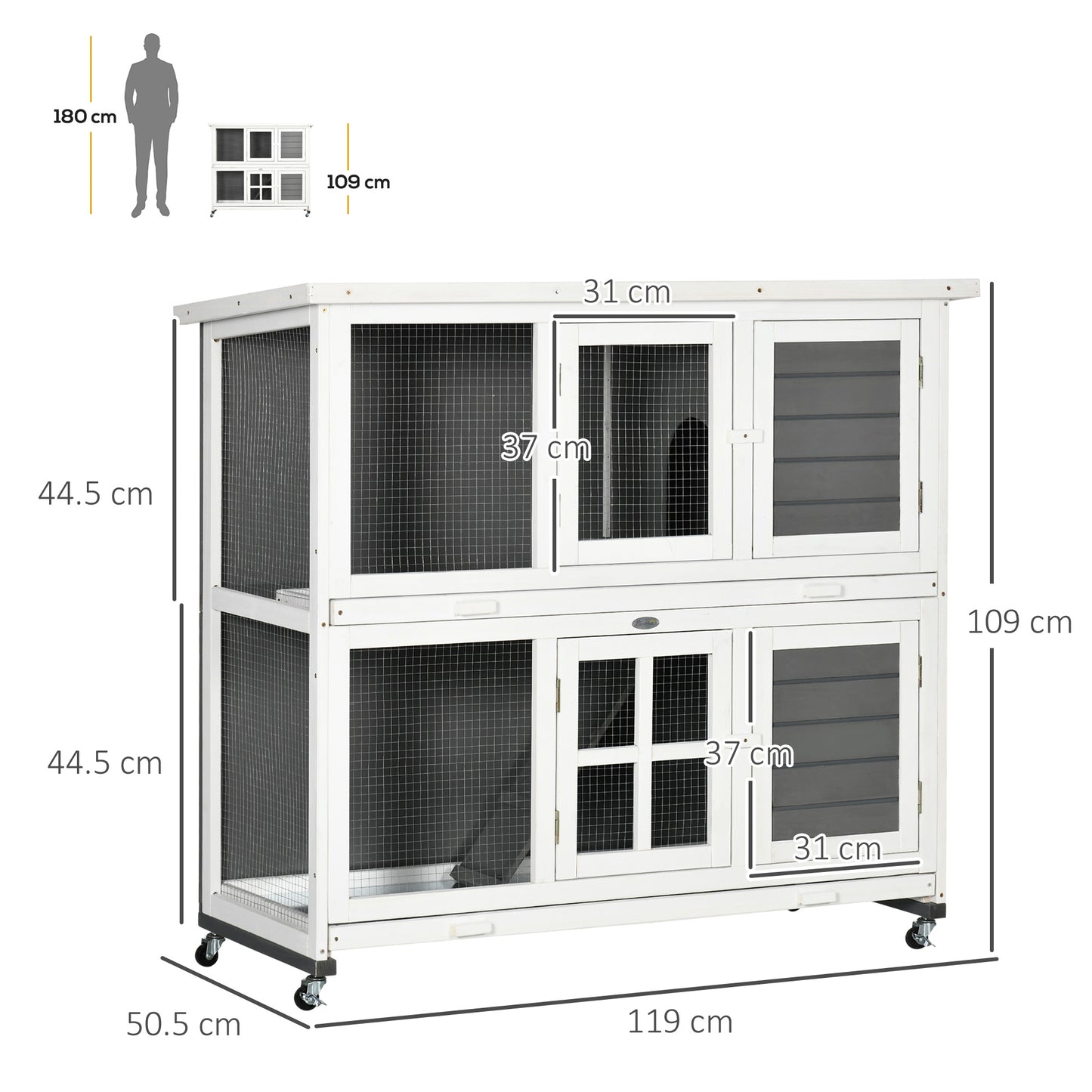 Wooden Rabbit Hutch, Two-Tier Guinea Pig Cage, with Removable Tray, Wheels