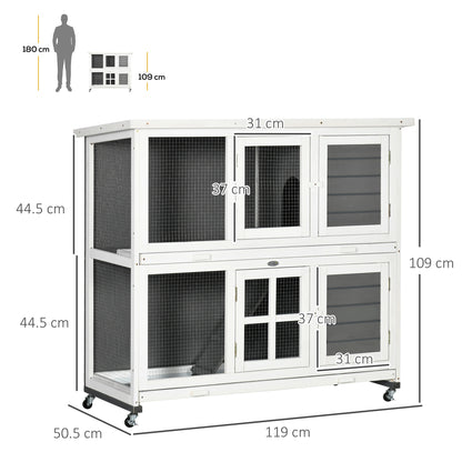 Wooden Rabbit Hutch, Two-Tier Guinea Pig Cage, with Removable Tray, Wheels