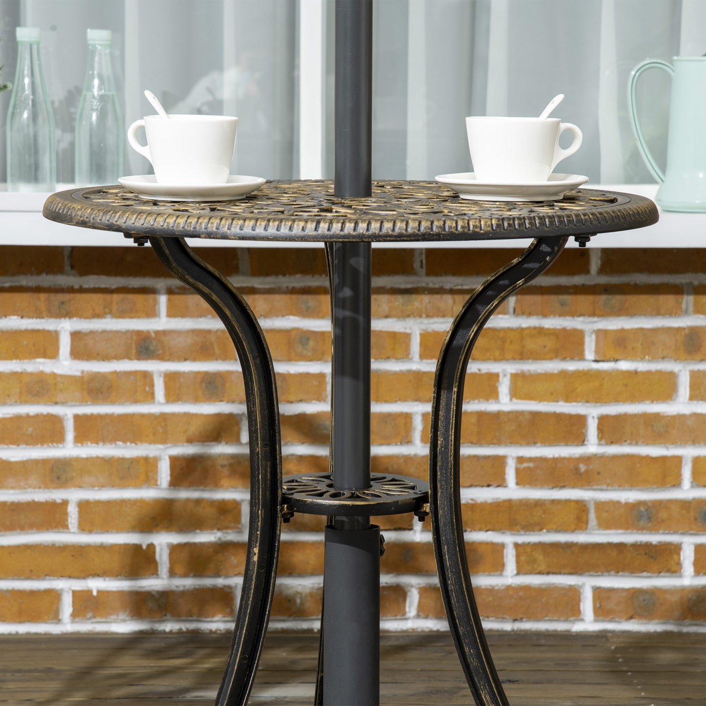 3 Piece Cast Aluminium Garden Bistro Set for 2 with Parasol Hole, Outdoor Coffee Table Set