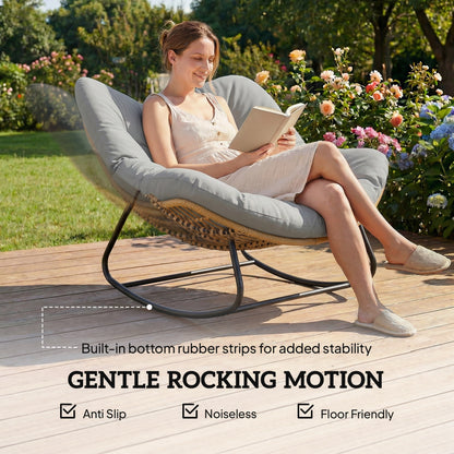 Indoor Outdoor Rocking Chair, Oversized Rocking Egg Chair with Cushion for Living Room, Garden, Patio, Light Grey