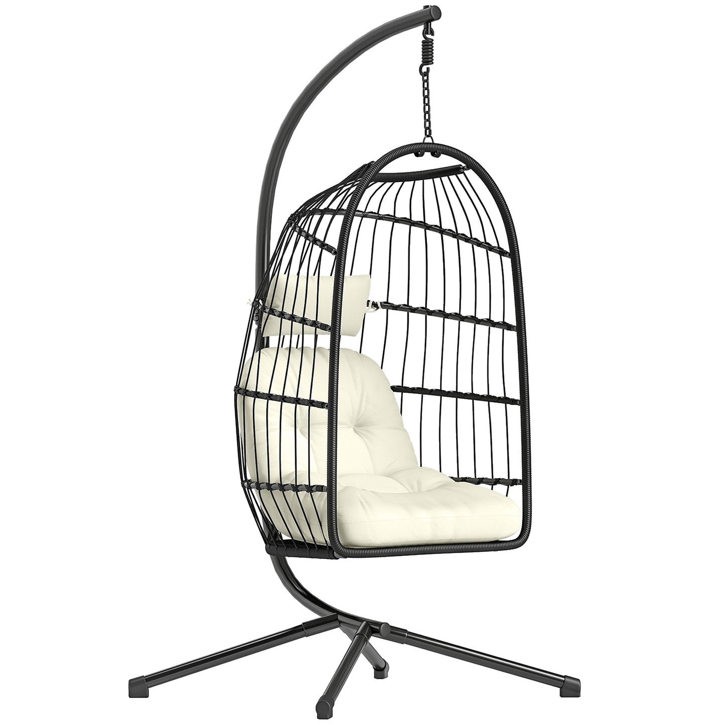 Hanging Egg Chair, Indoor Outdoor Hammock Swing Chair with Stand, Safety Strap, Foldable Basket, Black/Cream White