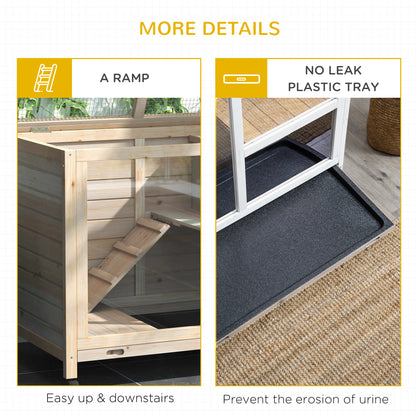 Rabbit Hutch Indoor with Wheels, Wooden Guinea Pig House Hamster Cage, 2 Layers Bunny Cage with Openable Roof