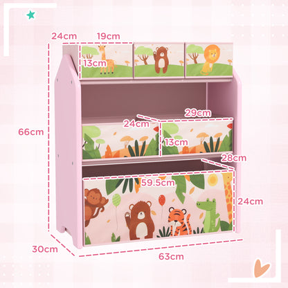 3-Tier Kids Toy Storage Unit with 6 Removable Storage Boxes, for Playroom, Bedroom, Children's Room, Nursery, Pink