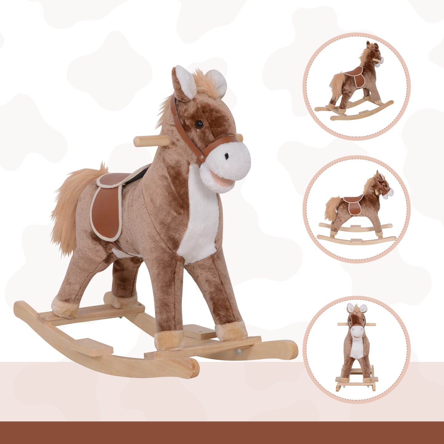 Kids Children Plush Rocking Horse Wooden Base Ride On Toy Rocker with Handle Grip Traditional Toy Fun Gift for Age 3+ (Brown