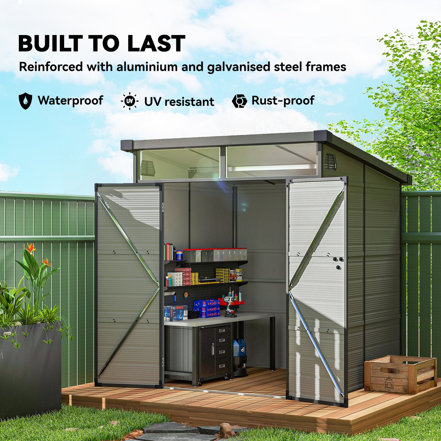 6 x 6ft Outdoor Storage Shed, Plastic Garden Shed with Windows and Air Vents, Outdoor Resin Tool Shed