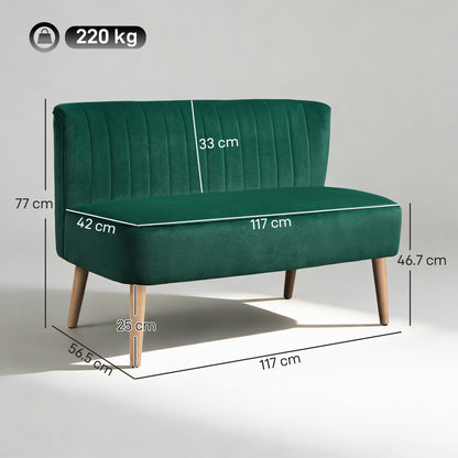 117cm Loveseat Sofa Upholstered Small 2 Seater Sofa with Thick Padded Seat and Rubber Wood Legs, Dark Green