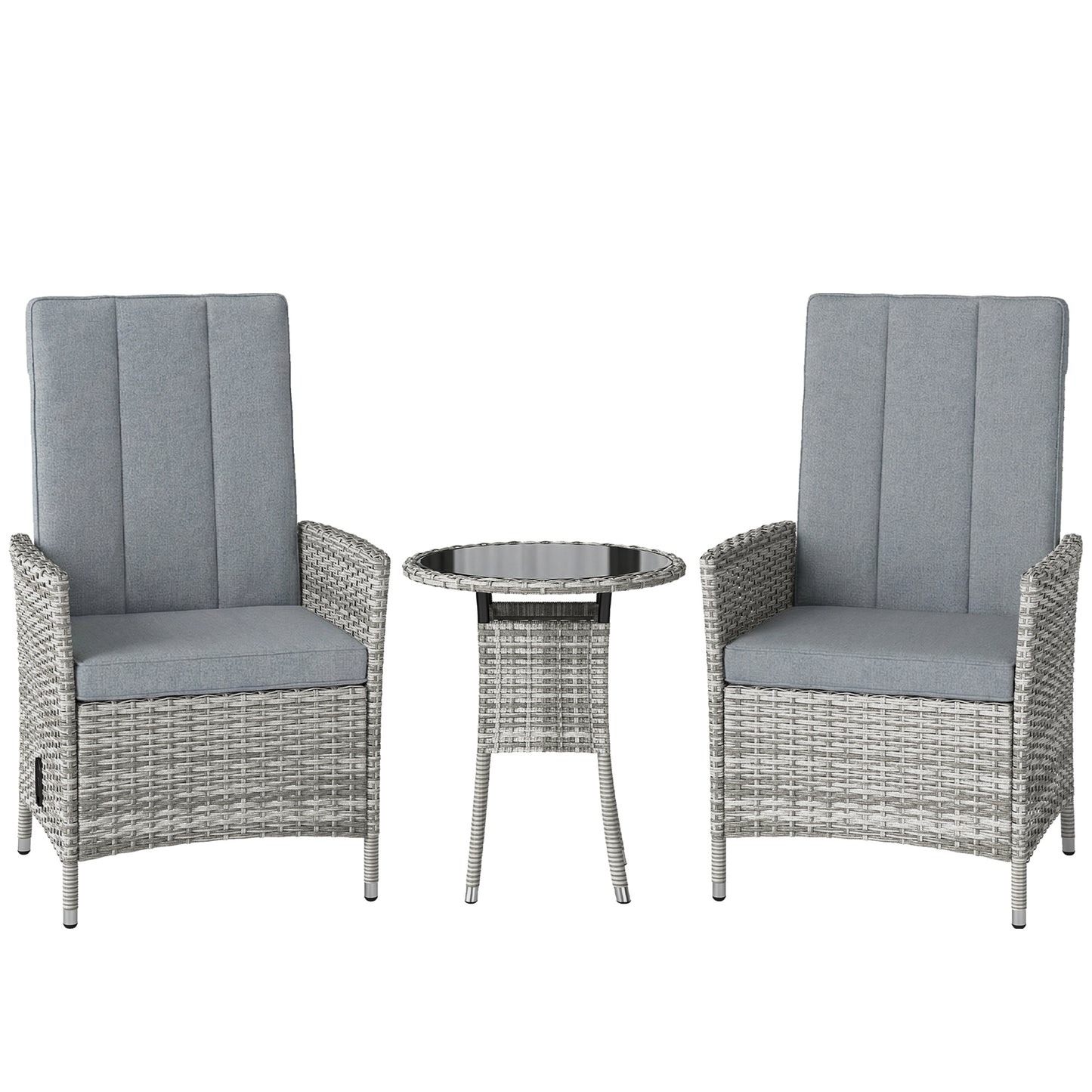 Rattan Bistro Set, Reclining Garden Chairs and Glass Coffee Table with Cushions for Patio Balcony Porch, Light Grey