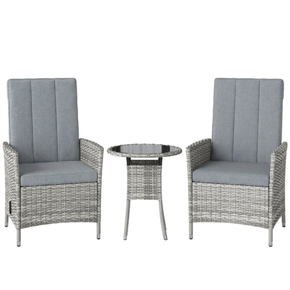Rattan Bistro Set, Reclining Garden Chairs and Glass Coffee Table with Cushions for Patio Balcony Porch, Light Grey