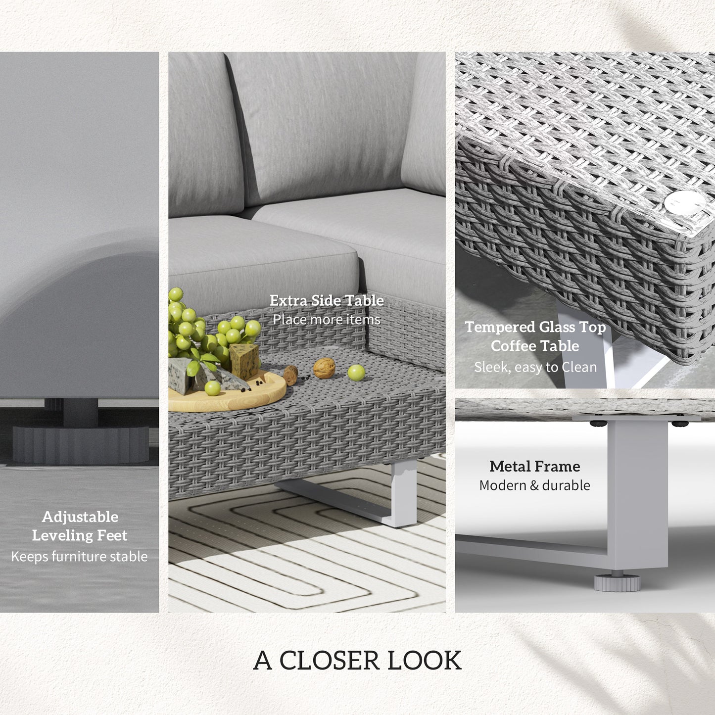 Three-Piece Rattan Sofa Set, with Cushions - Light Grey