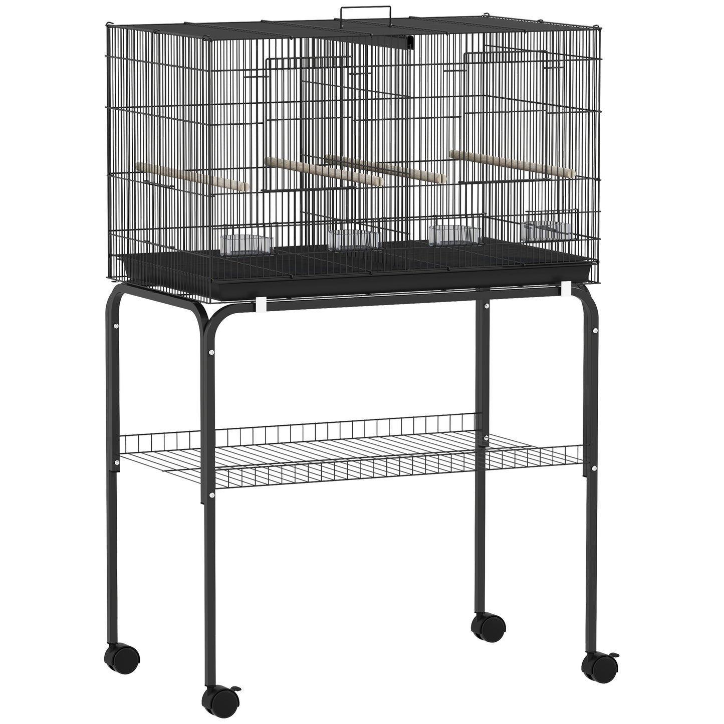 Bird Cage with Divider, 4 Wooden Perches, Slide Out Tray, 4 Feeders, for Budgie, Lovebird, Canary, 76 x 46 x 116cm Black