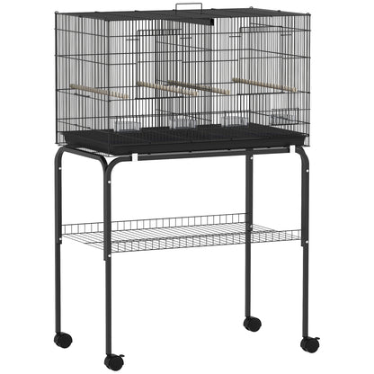 Bird Cage with Divider, 4 Wooden Perches, Slide Out Tray, 4 Feeders, for Budgie, Lovebird, Canary, 76 x 46 x 116cm Black
