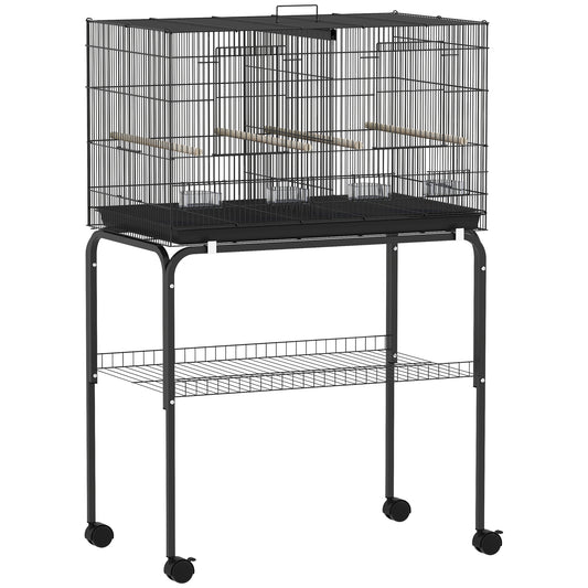 Bird Cage with Divider, 4 Wooden Perches, Slide Out Tray, 4 Feeders, for Budgie, Lovebird, Canary, 76 x 46 x 116cm Black