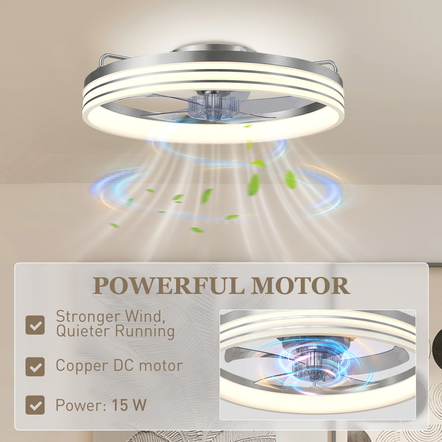 Ceiling Fans with Lights and Remote & App Control, 50cm LED Ceiling Fan Light with 3 Colour Temperatures, 6 Speed, Silver