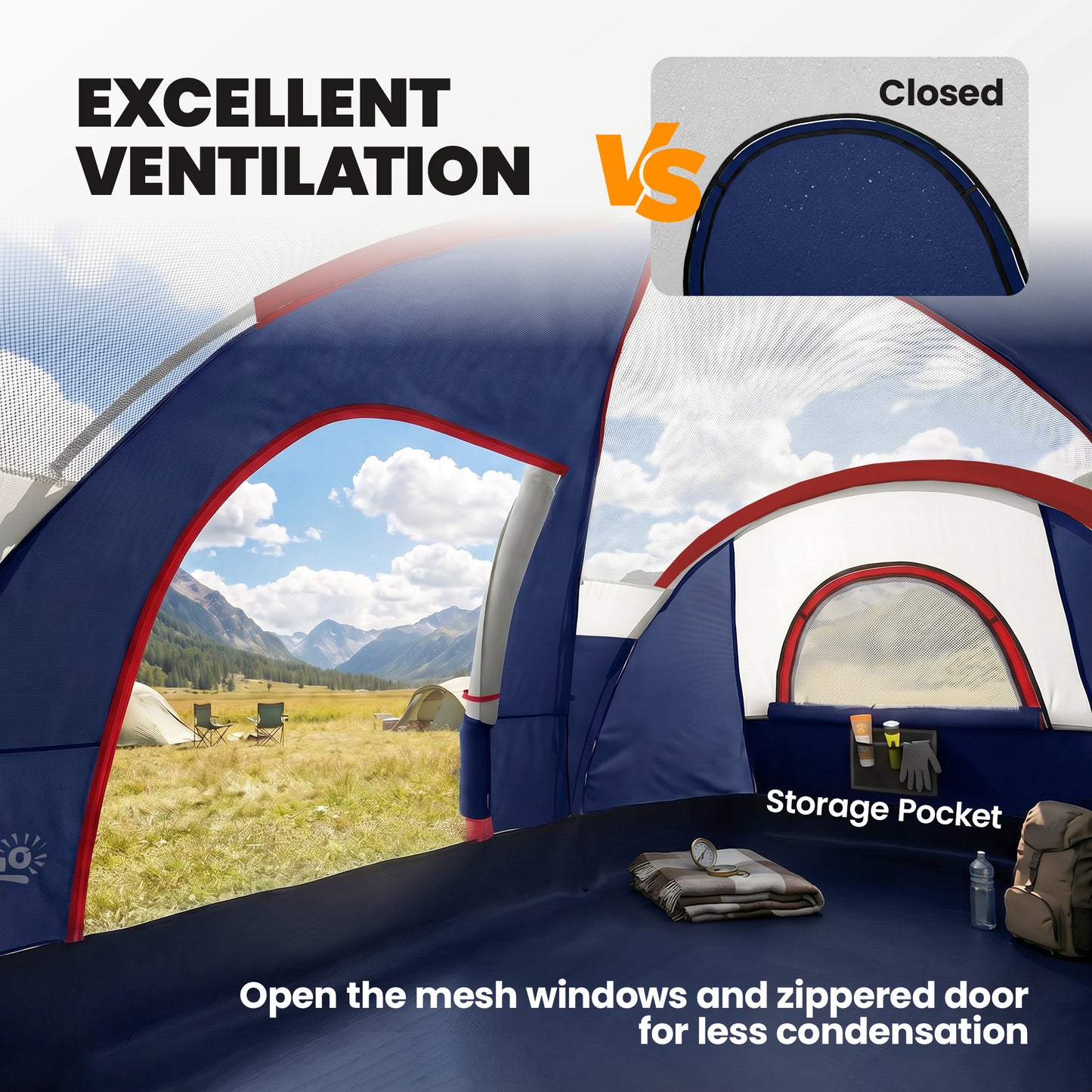 5 Man Camping Tent, Large Tunnel Tent, Water Resistant Hiking Shelter with Groundsheet and Carry Bag, Navy Blue