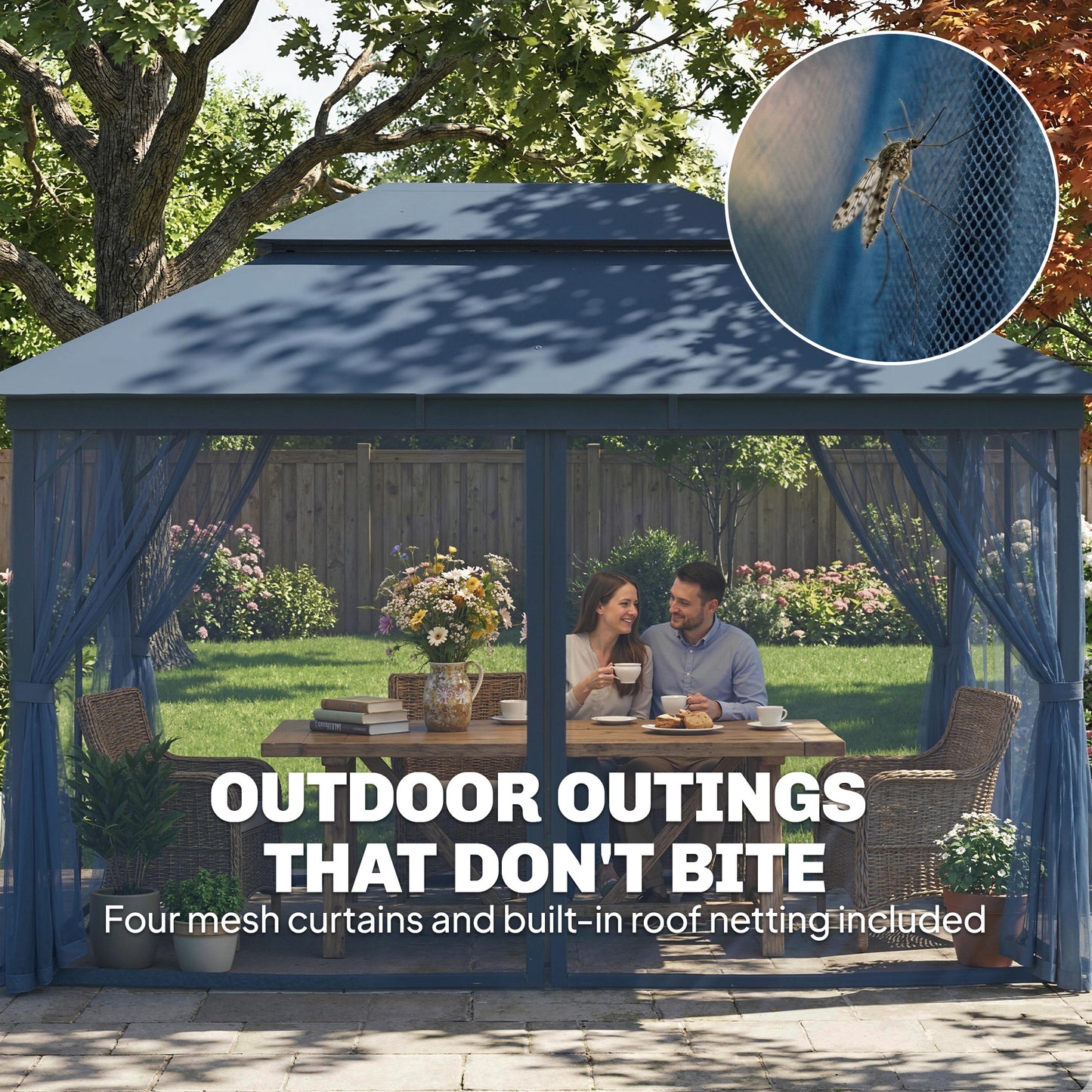 3 x 4 m Outdoor Garden Gazebo with Netting and Curtains, UPF50+ Patio Gazebo Permanent Pavilion Canopy, Dark Blue