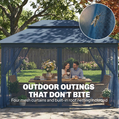 3 x 4 m Outdoor Garden Gazebo with Netting and Curtains, UPF50+ Patio Gazebo Permanent Pavilion Canopy, Dark Blue