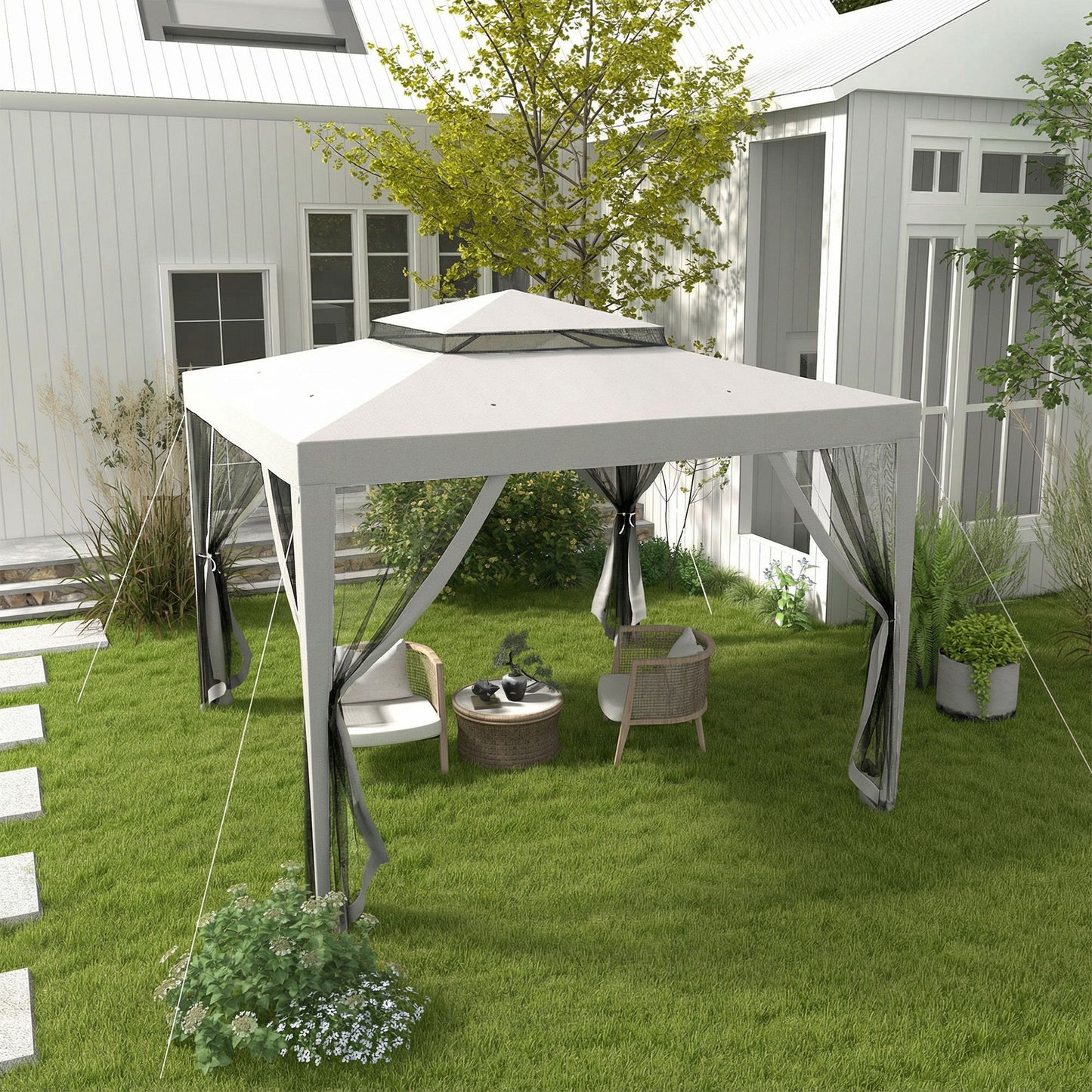 3 x 3 m Gazebo, Netting Party Tent, Patio Canopy Outdoor Event Shelter with Double Tier Roof, Light Grey