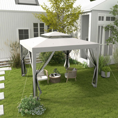 3 x 3 m Gazebo, Netting Party Tent, Patio Canopy Outdoor Event Shelter with Double Tier Roof, Light Grey