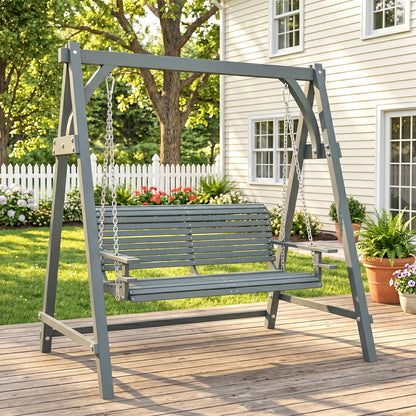 2 Seater Garden Swing Seat, Wooden Swing Chair Bench with Cup Holders for Outdoor Porch Patio, Grey