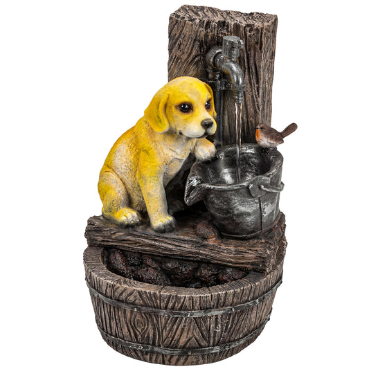Garden Water Feature with 3-Tier Rustic Puppy Design, Freestanding Resin with LED Lights, Adjustable Flow, Rustic Brown